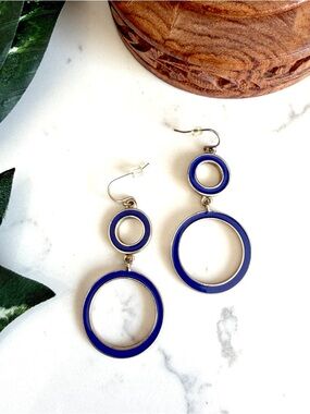 3/$22🩶 Blue Silver Circle Hoop Dangle Earrings PREOWNED Bohemian Boho Jewelry